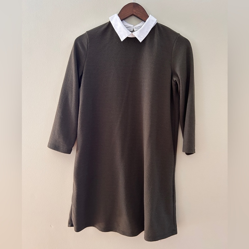 Olive Green Collared Shift Dress from Zara